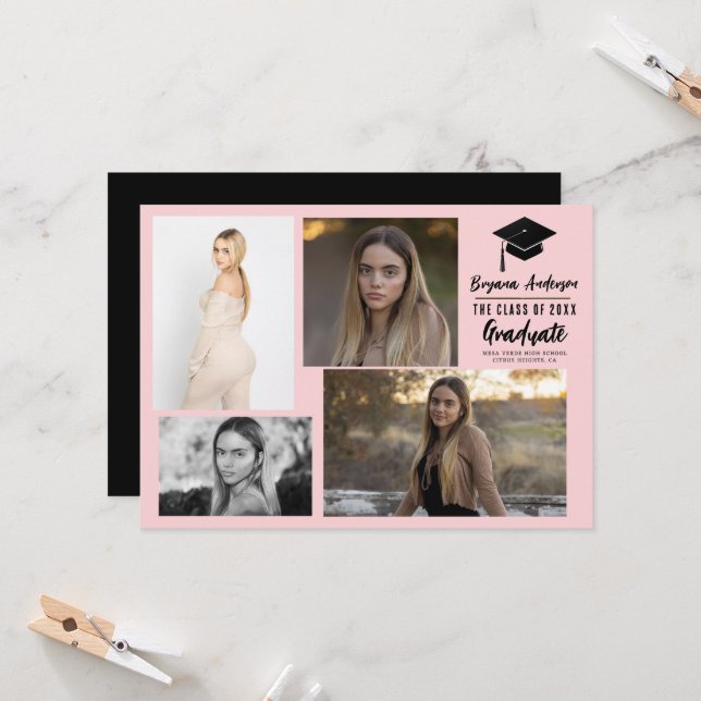 Pink Black Graduation moderne 4 Faire-part photo (Devant/Arrière en situation)