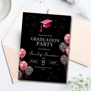 Pink Black Graduation Party Girly Balloons Grad Invitation