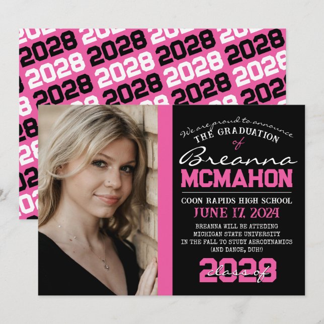 Pink & Black Graduation Photo Announcement (Front/Back)