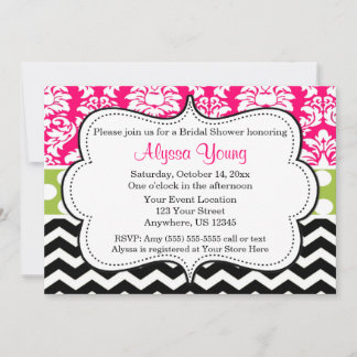 Pink Black Green Chevron Damask Invitation