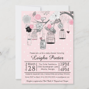 Pink Black Grey Bird Cages & Jars Girl Baby Shower Invitation