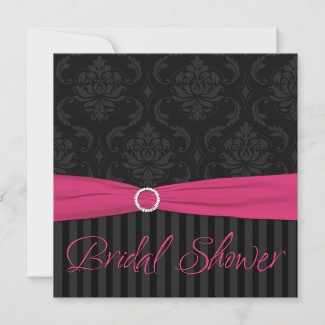 Pink Black Grey Damask Stripe Bridal Shower Invite (Front)