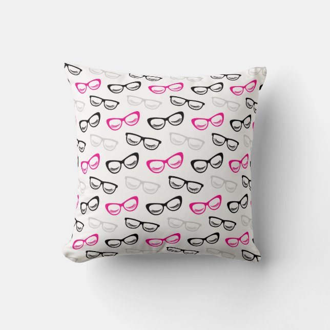 Pink, Black & Grey Glasses & Lashes Throw Pillow (Front)