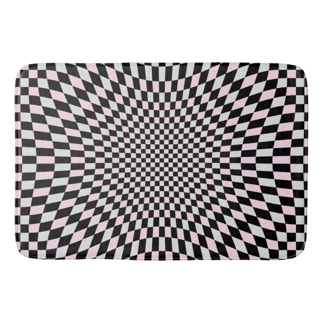 Pink Black Grey Trippy Chequered Board Pattern Bath Mat (Front)