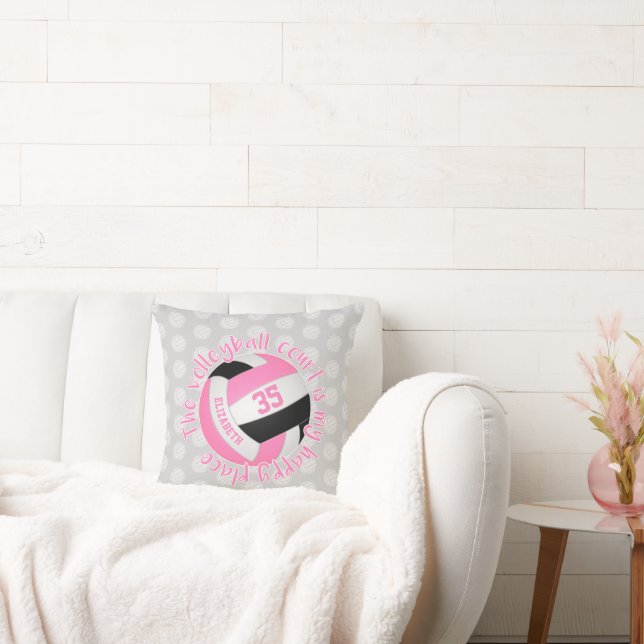 pink black grey volleyball court is my happy place throw pillow (Couch)