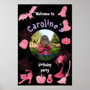 Pink Black Halloween Birthday party welcome poster