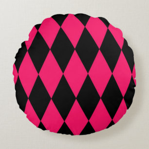 Pink Black Harlequin Diamonds Checkers Design Round Pillow