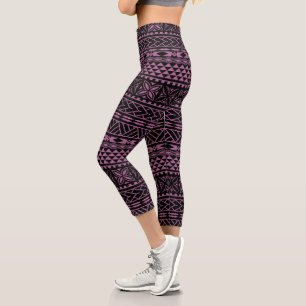 Pink Black Hawaiian Tribal Pattern Capri Leggings