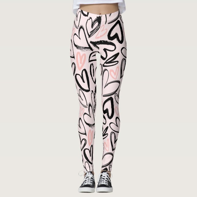 Pink black hearts sketch graffiti leggings (Front)