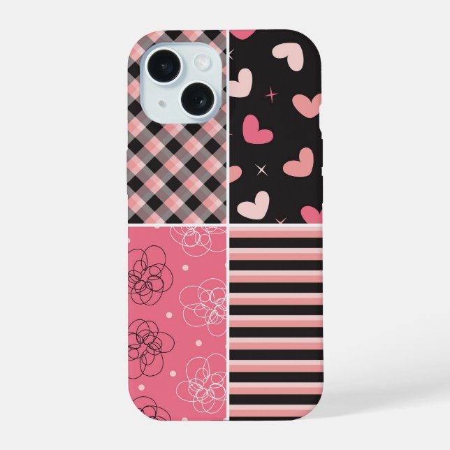 Pink Black Hearts Stripes Plaid Scribbled Pattern iPhone 15 Case (Back)