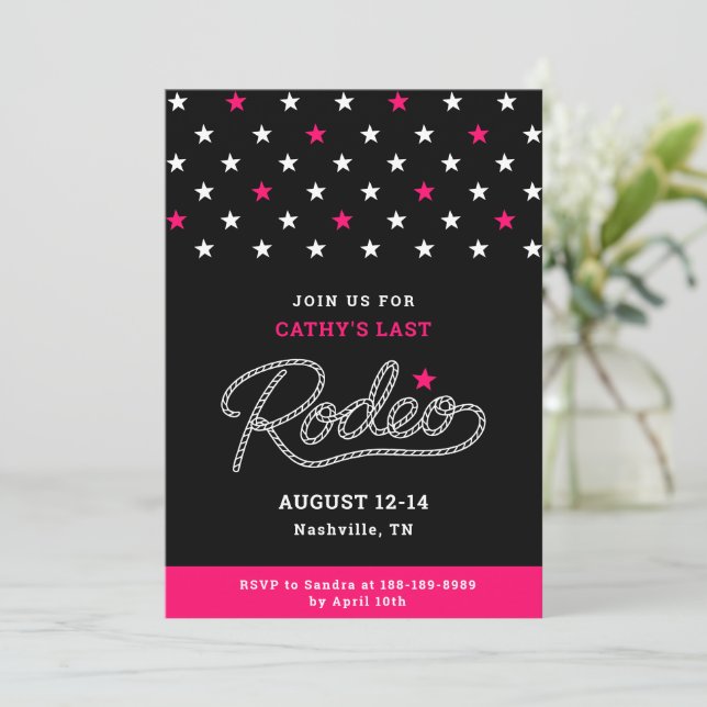 Pink Black Her Last Rodeo Bachelorette Party Invitation (Standing Front)