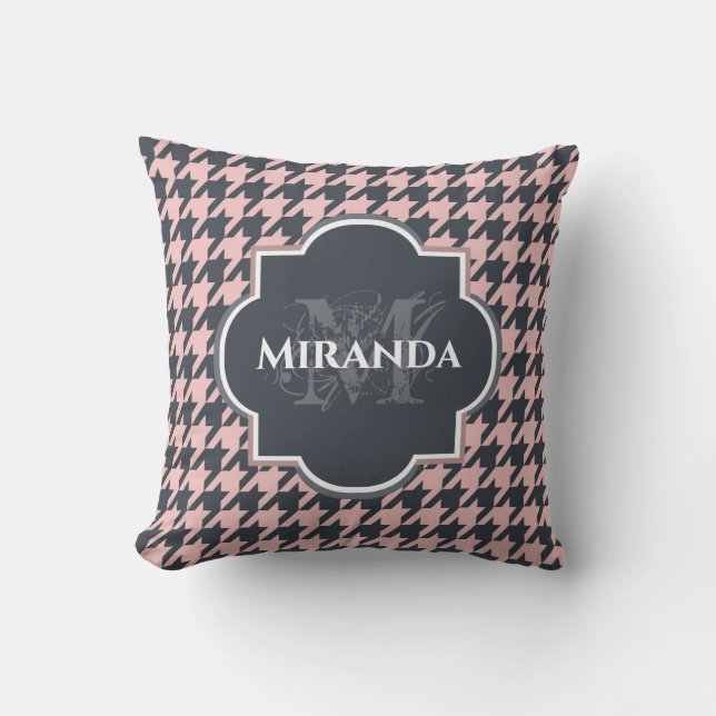 Pink Black Houndstooth Monogram Name Throw Pillow (Front)