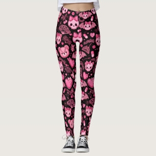 Pink Black Kawaii Leggings Skulls Bats Hearts