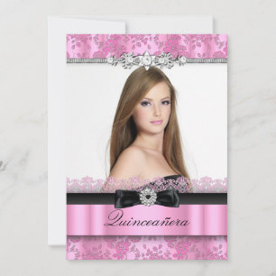 Pink & Black Lace Photo Quinceanera Invitation