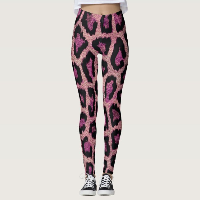 Pink Black Leopard Animal Print Leggings (Front)