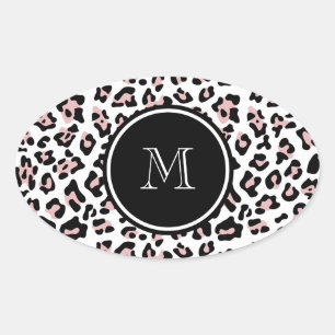 Pink Black Leopard Animal Print with Monogram Oval Sticker