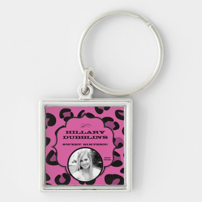 Pink Black Leopard Cheetah Print Animal Key Chain (Front)