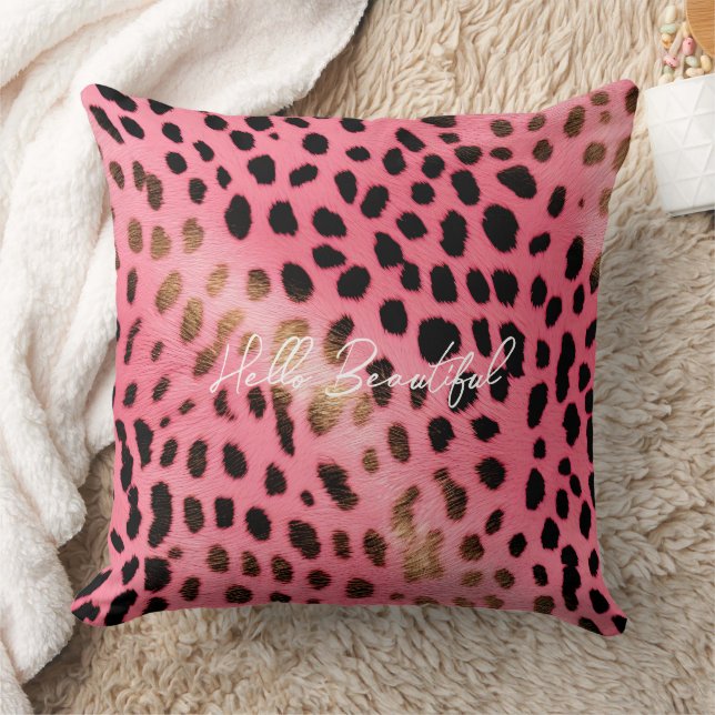 Pink Black Leopard Print Abstract Throw Pillow (Blanket)