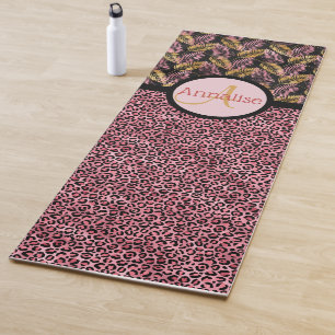 Pink Black Leopard Print and Pink Gold Ferns Yoga Mat