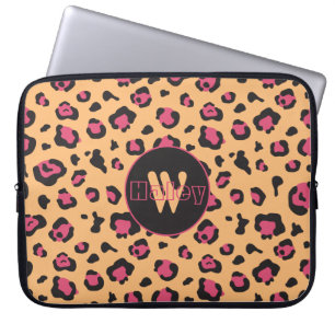 Pink Black Leopard Print Monogram Laptop Sleeve