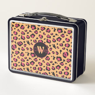 Pink Black Leopard Print Monogram Metal Lunch Box