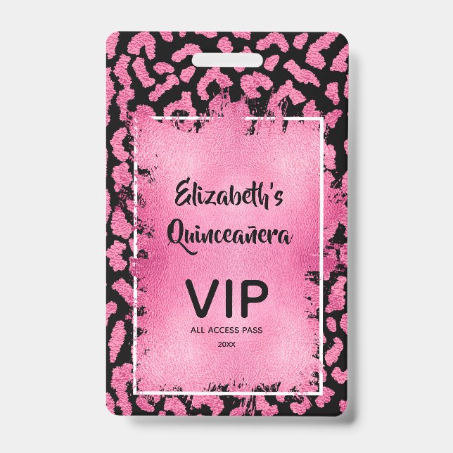 Pink Black Leopard Quinceañera Invite VIP Pass Badge (Front)