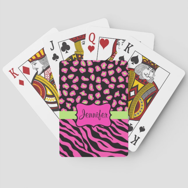Pink, Black & Lime Green Zebra & Cheetah Skins Playing Cards (Back)