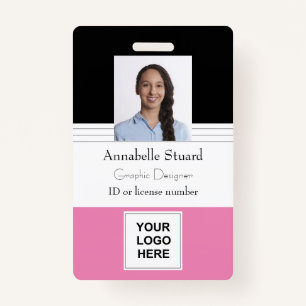 Pink Black Lined Name photo employee corporate ID Badge