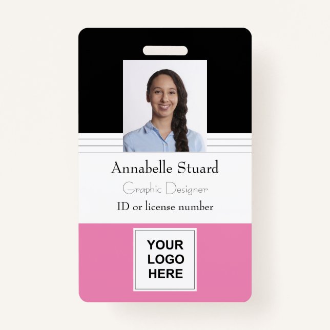 Pink Black Lined Name photo employee corporate ID Badge (Front)