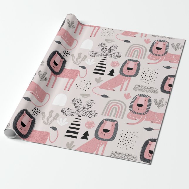 Pink Black Lions Boho Modern Baby Kids Wrapping Paper (Unrolled)