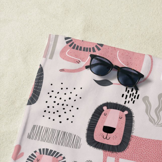 Pink Black Lions Boho Rainbows Beach Towel (In Situ)