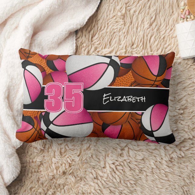 pink black lots of basketballs girls sports room lumbar pillow (Blanket)