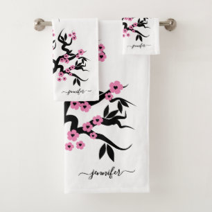 Pink black love birds sakura cherry tree, blossoms bath towel set