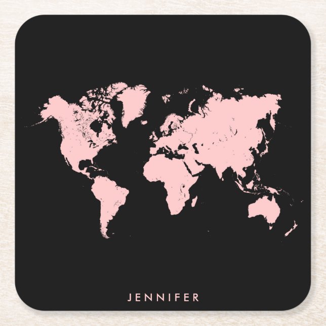 Pink & Black Map Square Paper Coaster (Front)
