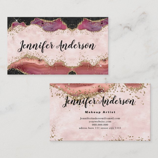 Pink Black Marble Gold Glitter Agate Elegant Chic Business Card (Front/Back)