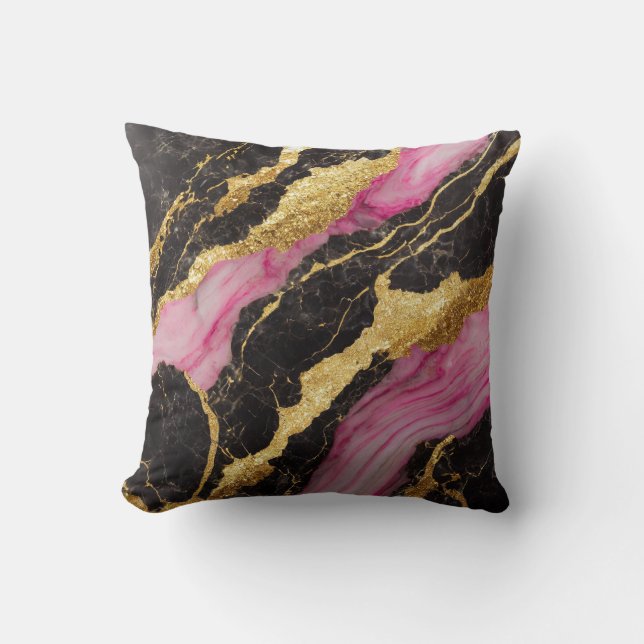 Pink Black Marble Pattern with Gold Throw Pillow (Front)