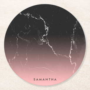 Pink & Black Marble Round Paper Coaster