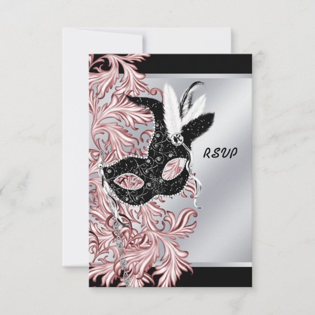 Pink Black Masque rose Noir Masquerade Party RSVP (Devant)