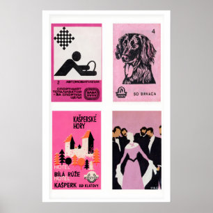 Pink & Black Matchbox Labels Grid Print, Vintage Poster
