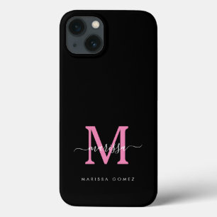 Pink & Black Minimalist Monogram Custom Name iPhone 13 Case