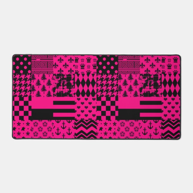 Pink Black Mixed Patterns Patchwork Design  Desk Mat (Front)