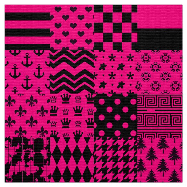 Pink Black Mixed Patterns Patchwork Design  Fabric (Swatch)