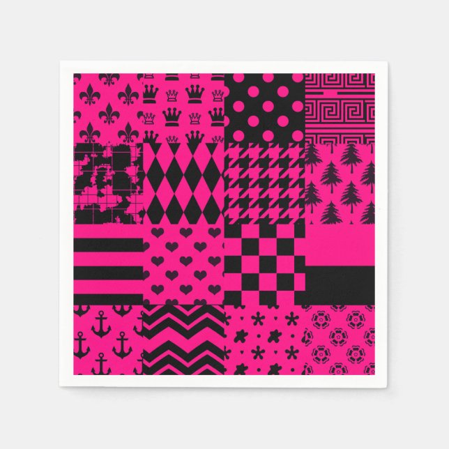 Pink Black Mixed Patterns Patchwork Design  Napkin (Front)