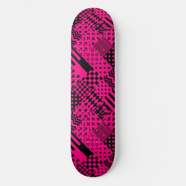 Pink Black Mixed Patterns Patchwork Design  Skateboard (Front)