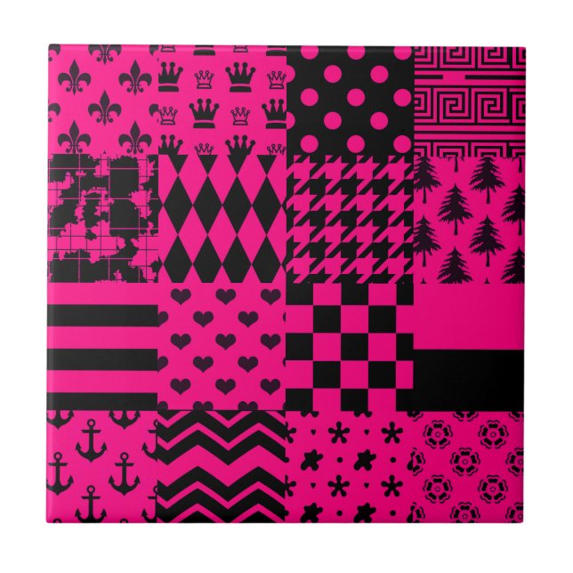 Pink Black Mixed Patterns Patchwork Design  Tile (Front)