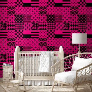 Pink Black Mixed Patterns Patchwork Design Wallpaper