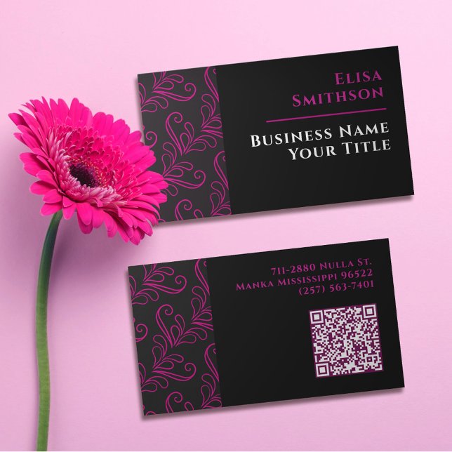   Pink & Black Modern Elegant Girly Damask Pattern Business Card (Creator Uploaded)
