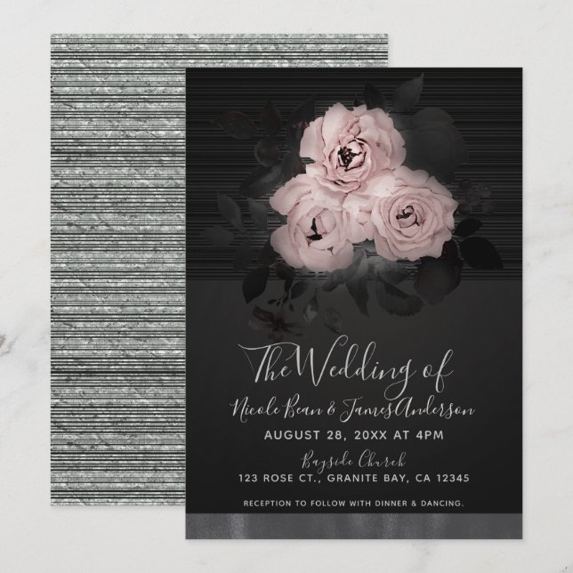 Pink & Black Modern Glam Floral Chic Wedding Invitation (Front/Back)