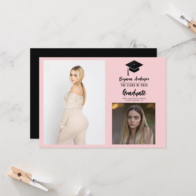 Pink Black Modern Graduation 2 Faire-part photo (Devant/Arrière en situation)