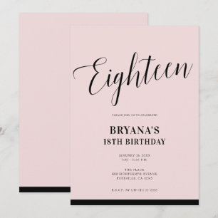 Pink Black Modern Minimal Script Eighteen 18 18th Invitation